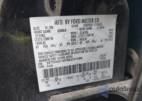 2008 Ford F-250 Fx4/Harley-Davidson/King Ranch/Lariat/Xl/Xlt из США, поврежденный, VIN 1FTSW21R78ED31396